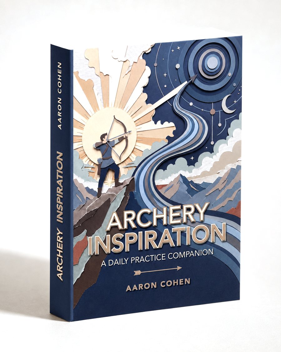 The printed edition of Archery Inspiration standing upright, showing the navy spine and the paper-cut cover