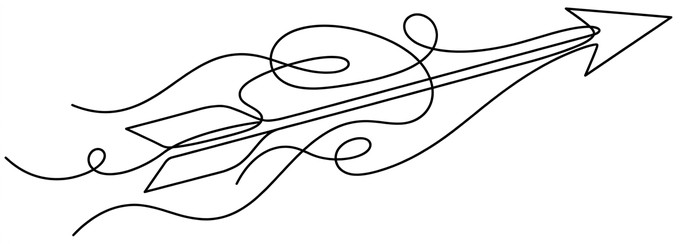 Single line drawing of an arrow point and shaft cutting through swirling air