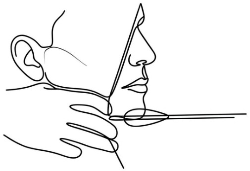 Single line drawing of an archer's face in profile at anchor, the drawing hand against the jaw