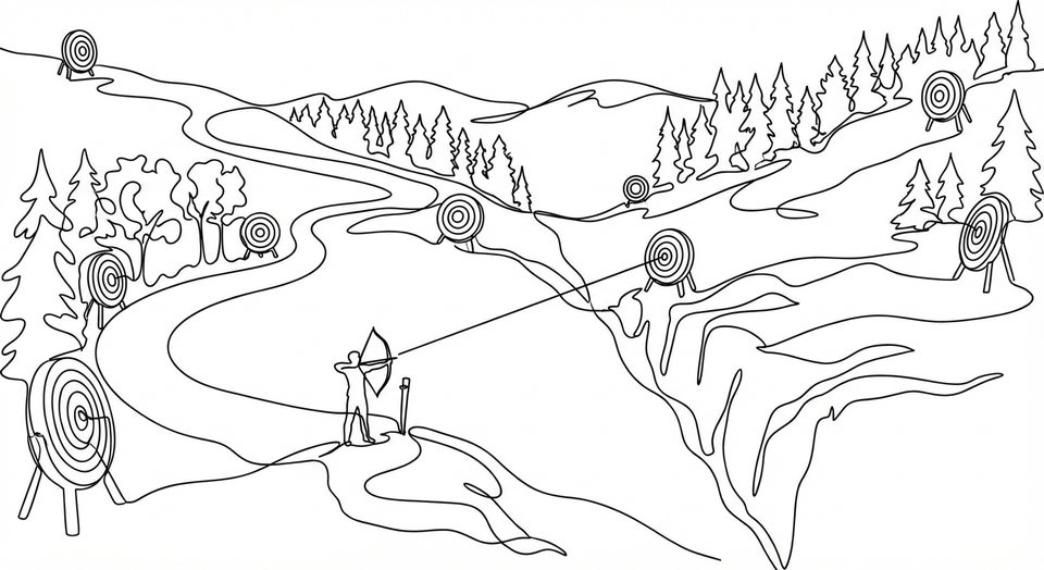 Single line drawing of a field archery course winding through hills and pines, with targets set at varying distances