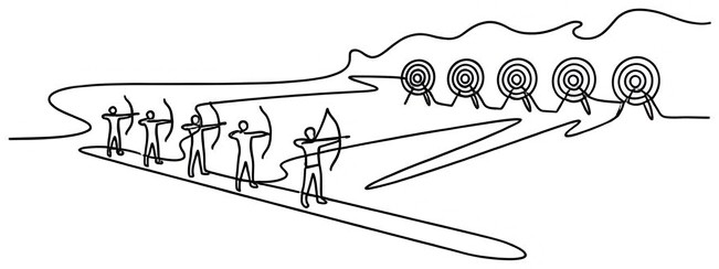 Single line drawing of a line of archers shooting at a row of targets across an open field