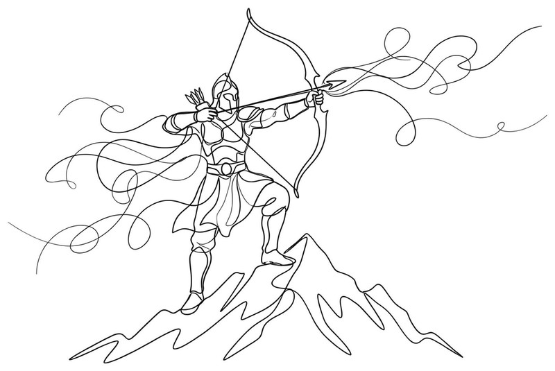 Single line drawing of an armored archer at full draw on a mountain peak, his cloak streaming behind him